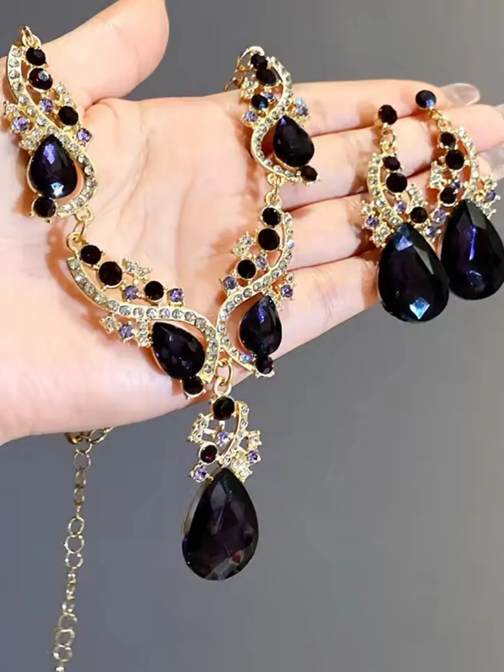 Vintage Purple Necklace and Earring Set with Black Teardrop Crystals